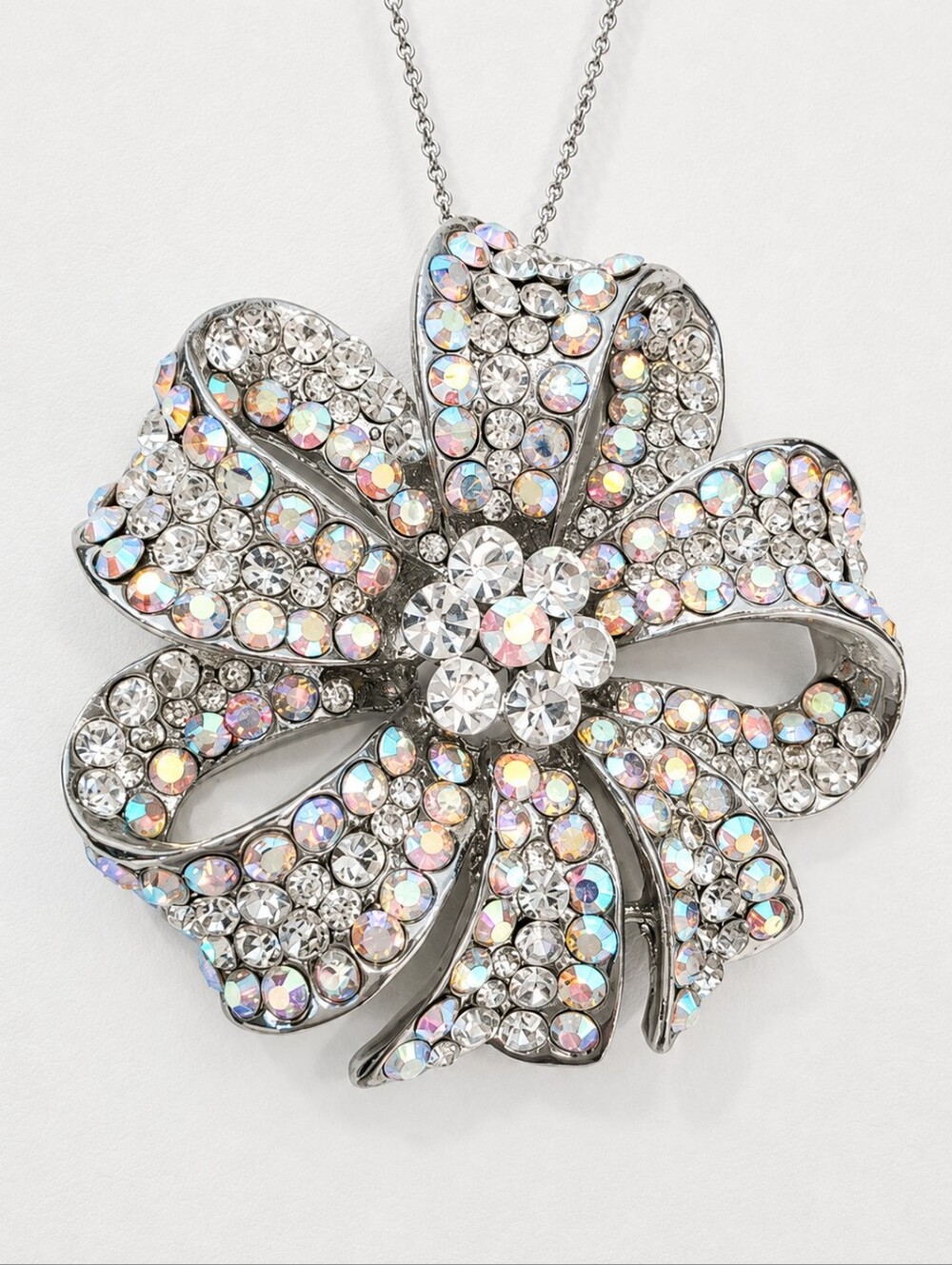 Vintage Sterling Silver Crystal Bow Flower Statement Pendant Necklace Sz 17.75"